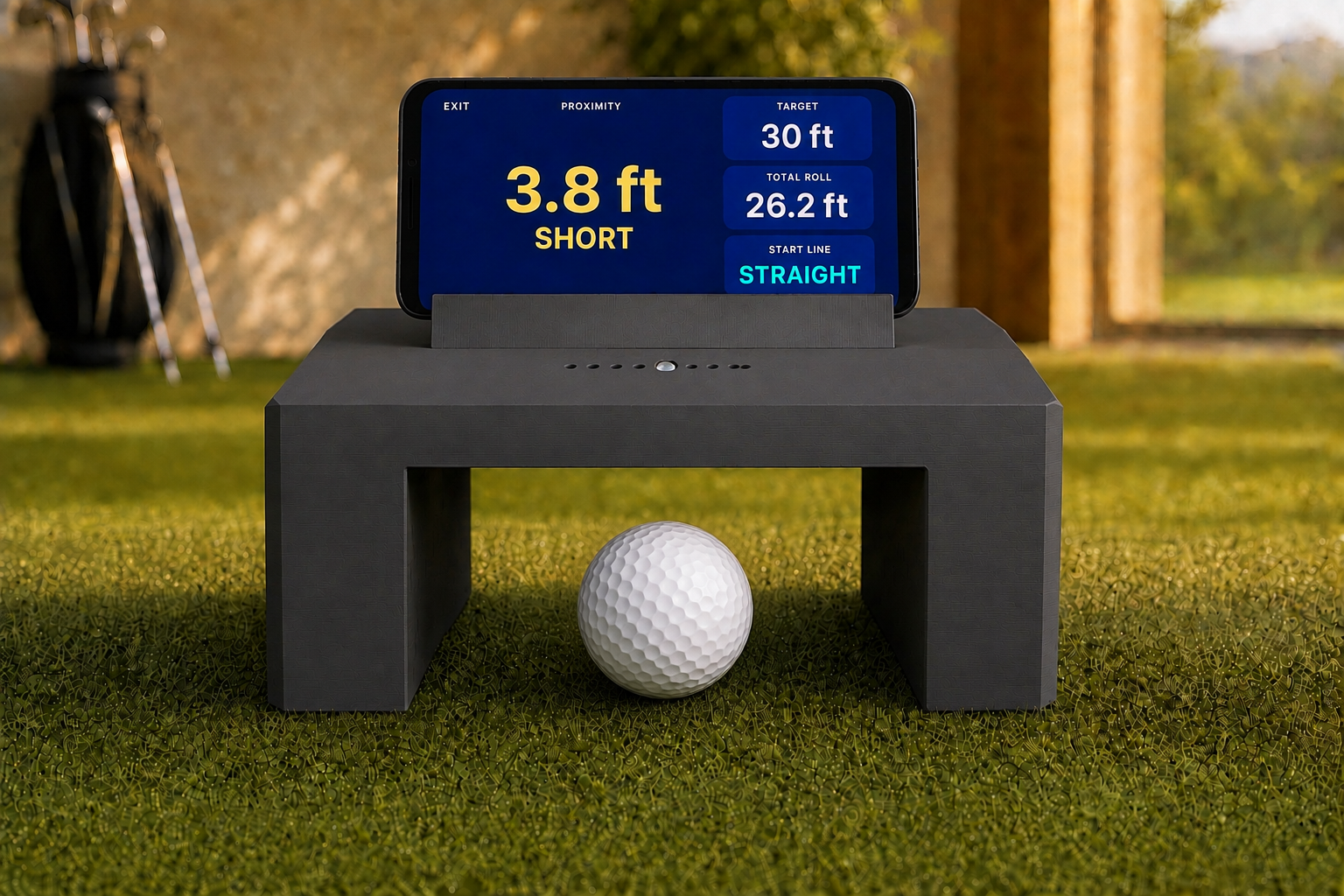 LagKing putting gate with a phone showing a putt finishing 3.8 feet short of a 30-foot target