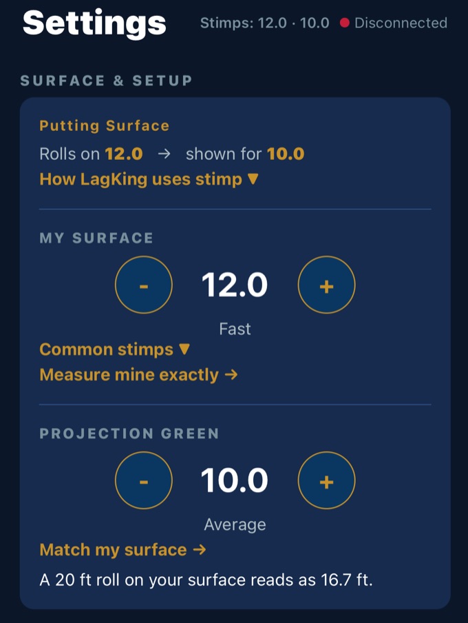 The Surface and Setup section of LagKing Settings, with My Surface set to 12.0 and Projection Green set to 10.0.